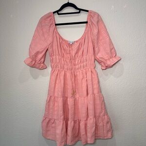 Veronica Beard Pink Seersucker Tiered Smocked Mini Dress Puff Sleeve Womens 8